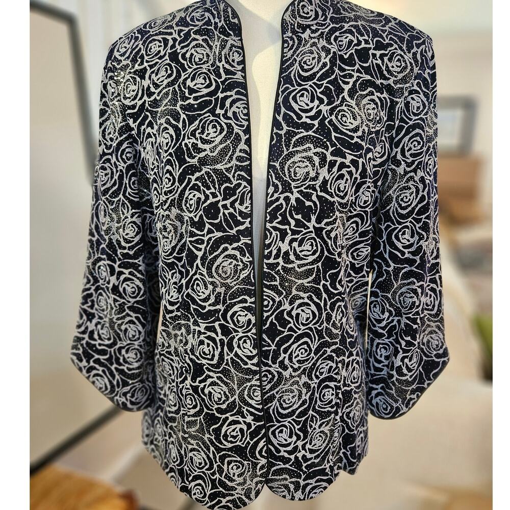 Stunning Navy Silver Sparkle Formal 3/4 Sleeve Jacket Alex Evenings XL B78